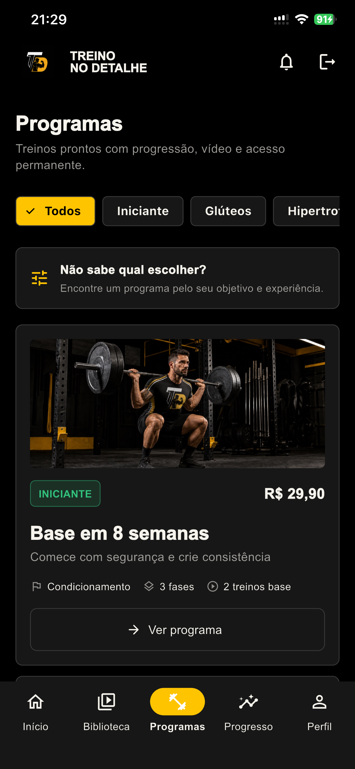Tela de programas de treino disponíveis no aplicativo